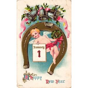 Happy New Year Postcard Antique January 1st Horseshoe Cherub‎ Bells Posted 1912